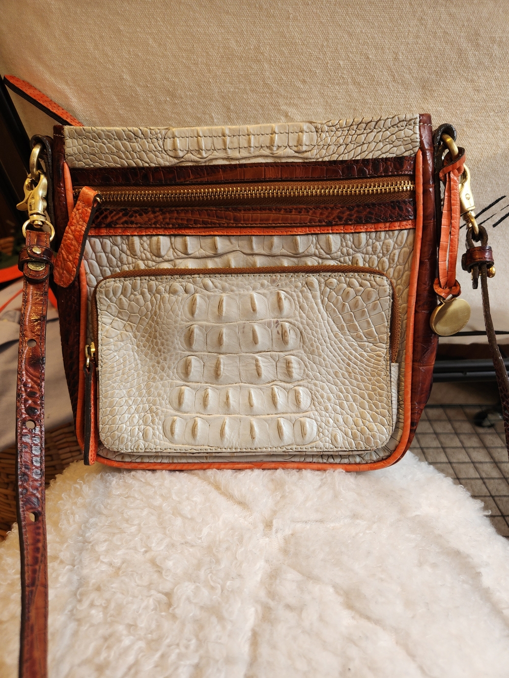 Brahmin Cream Leather Croc-Embossed Crossbody with Orange and Brown Trim